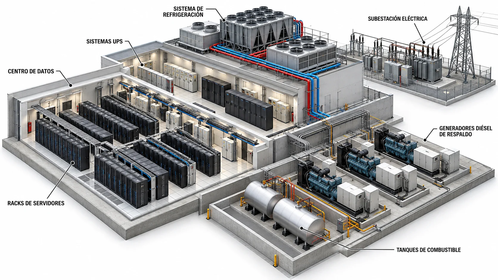 Data center con tanques de combustible y sistema de refrigeración